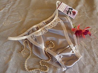 Silver Shiny Satin Panties Mini Tanga String Bikini Ivory Lace Made In