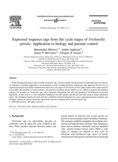 Pdf Expressed Sequence Tags From Life Cycle Stages Of Trichinella