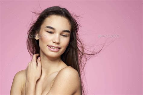 Pretty Brunette Naked Shoulders Health Clean Skin Pink Background Stock Photo By Shotprime