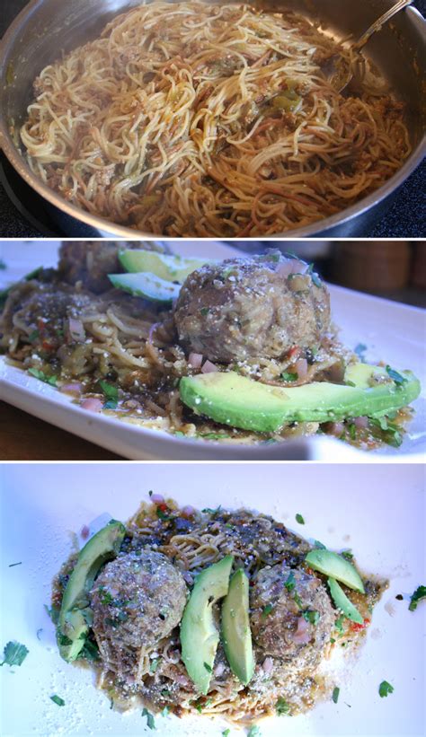 Meatballs and Pasta in Tomatillo Salsa - Carne and Papas