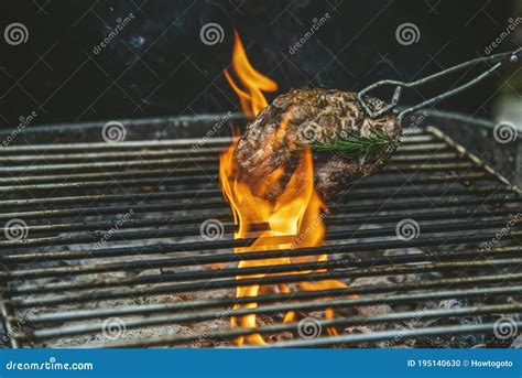 Barbecue Hot Grilled Meat With Fire Flame Heat Bbq Cooking Dinner Burn From Charcoal Roast