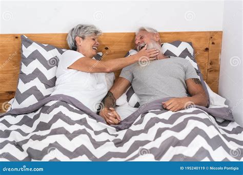 Happy Senior Wife Touching Her Husband Hairy Beard Mature People Having Fun Together Joyful