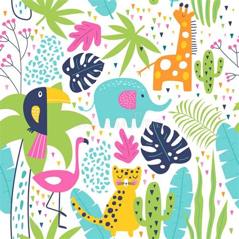 Tropical Seamless Pattern With Toucan Flamingos Cactuses And Exotic