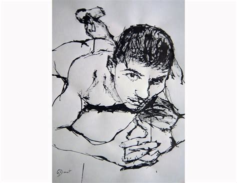 Original Drawing By Gustau Donat Modern Abstract Black Ink Drawing Of A Male Nude