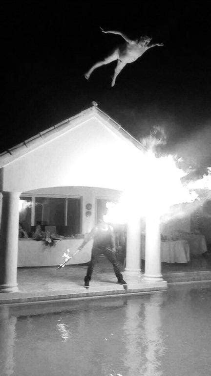 Black And White Version Nude Man Jumping Off Roof Over Fire Breather Into Pool Know Your Meme