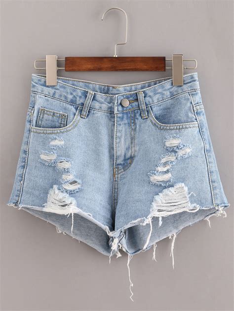 Blue Ripped Denim Shorts Shein Sheinside