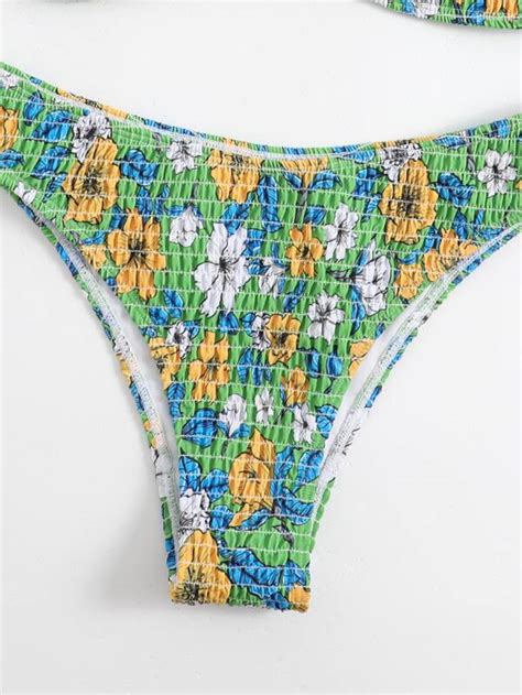 Shein Swim Vcay Floral Print Bikini Set Smocked O Ring Linked Bandeau Top Cheeky Piece