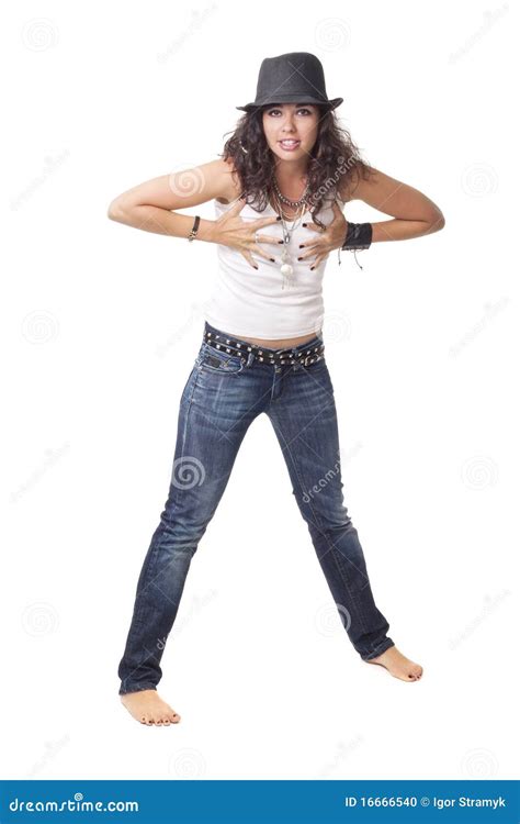 La Jeune Fille De Brunette Pose Pour La Photo Photo Stock Image Du Jeans Contact 16666540