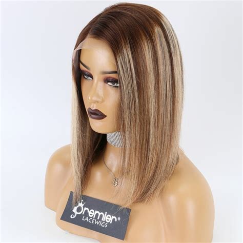 Bob Cut Ombre Straight Hair Blonde Highlights 13 X4 Lace Frontal Wig Premierlacewigs
