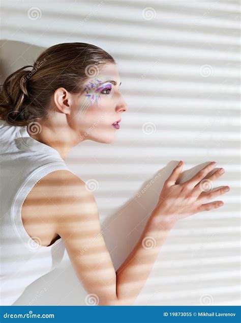 Woman Standing By The Window With Blinds Stock Image Image Of Painted