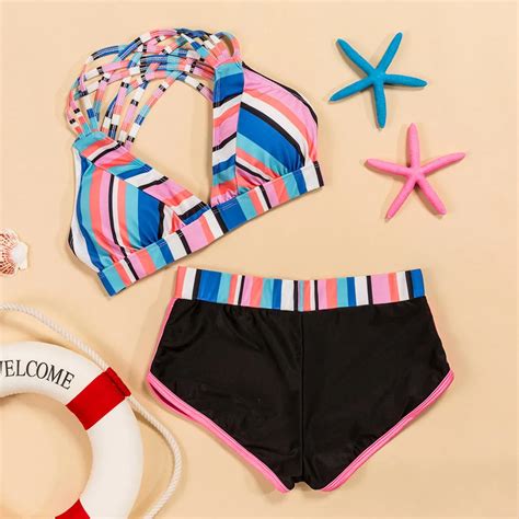 Lady Two Piece Swimsuit European Padded Print Stripe Summer Sexy Swimsuit Bath Suit Bikini Set
