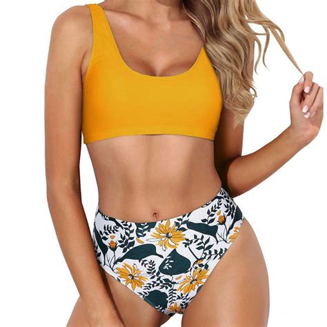 Rydcot Women High Waisted Bikini Set Two Piece Swimsuits Scoop Neck Swim Suits Top Tummy Control
