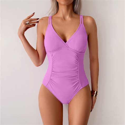 Aobny Comfort Women S Onesie Swimsuits Modest Long Torso Purple Bodysuits Deep V Neck Bikini