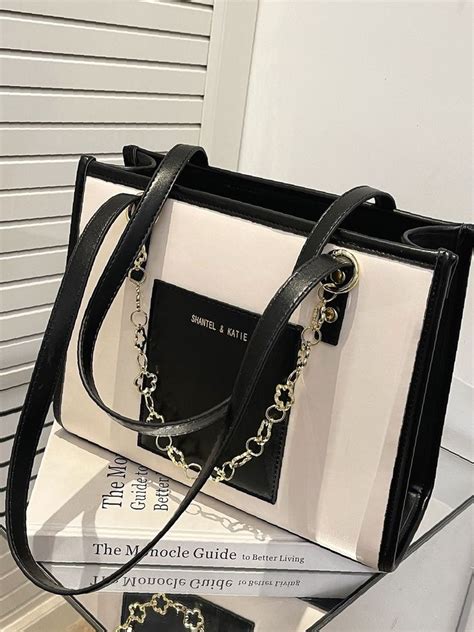 Olivia Mark Letter Graphic Two Tone Shoulder Tote Bag Women Tote