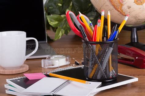 Assortment of Office Supplies on a Desktop Stock Image - Image of ...