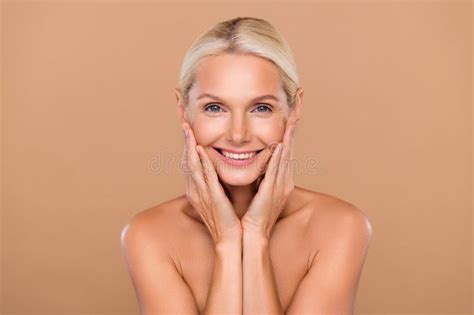 Photo Of Charming Cute Nude Lady Wear Nothing Arms Hands Cheekbones Sheeks Smiling Isolated