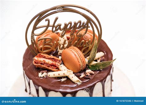 Birthday Cake Decorated With Golden Macaroons Top View Elegant Naked Cake Topped By Chocolate