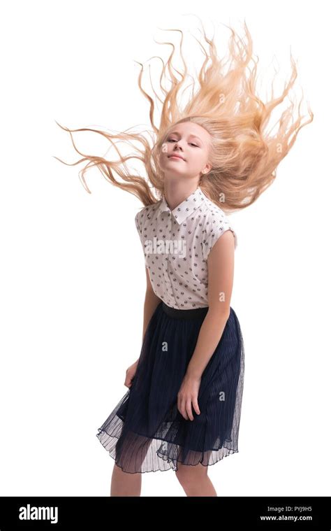 Pretty Teenaged Blonde With Flying Hairs Cropped Isolated Shot Stock Photo Alamy