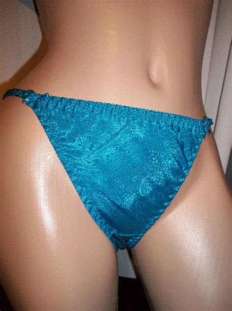 Vtg Blue Satin String Bikini Panties Panty Lingerie L Gem
