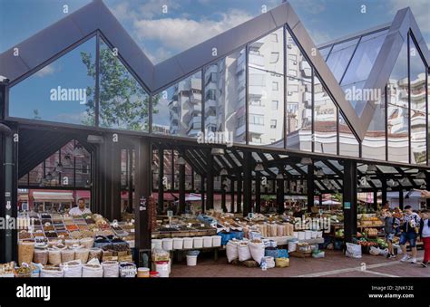 Albania, May 12, 2022 - street market with large reflective glass cover