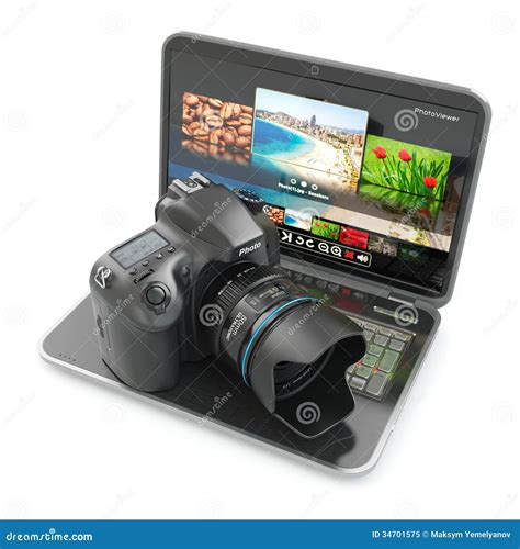 Digital Photo Camera and Laptop. Journalist or Traveler Equipm Stock