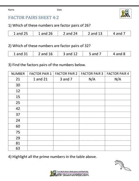 Factor Pairs Worksheet Pdf