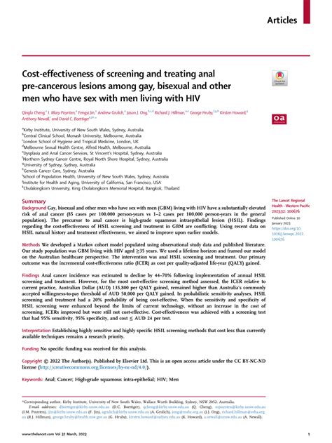 Pdf Cost Effectiveness Of Screening And Treating Anal Pre Cancerous Lesions Among Gay