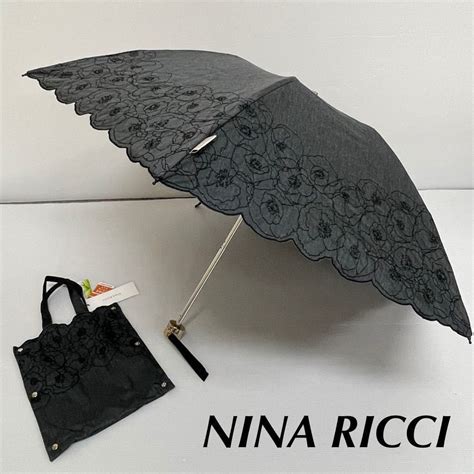 51751 Nina Ricciニナリッチ ブラックデニム風花刺繍 サマーシールド1級遮光晴雨兼用折りたたみ日傘雨傘遮熱遮光遮蔽クイック