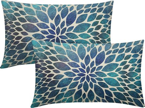 Navy Blue Teal Dahlia Rectangular Pillow Covers 12x20 Inch