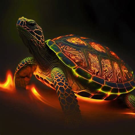 A Glowing Turtle Is Shown In This Artistic Photo With Flames Coming Out