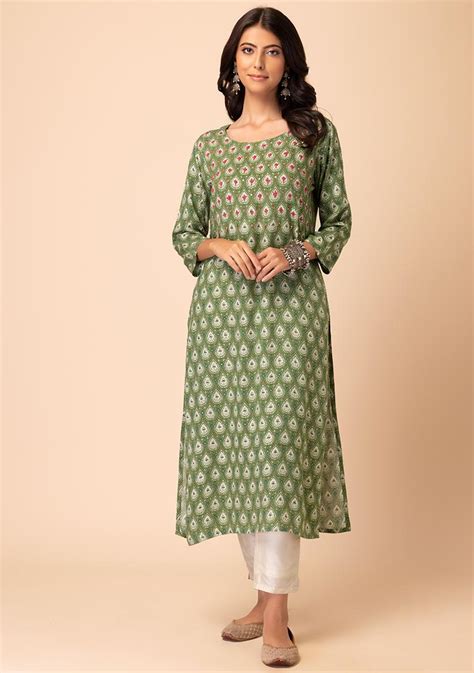 Buy Women Green Mughal Print Embroidered Cotton Kurta Itn