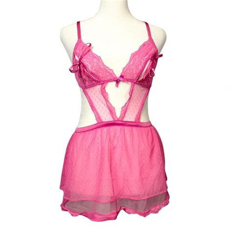 Hot Pink Victorias Secret Sheer Dotted Lace Babydoll Depop