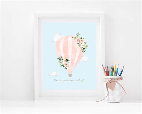 Hot Air Balloon Nursery Print Pink Hot Air Balloon Floral Etsy