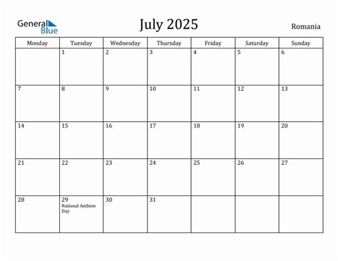 July 2025 - Romania Monthly Calendar with Holidays