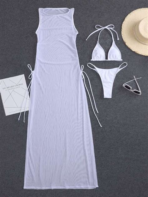 Set Bikini Unicolor Sujetador Micro Tri Ngulo Tanga Cover Up De Malla Traje De Ba O De