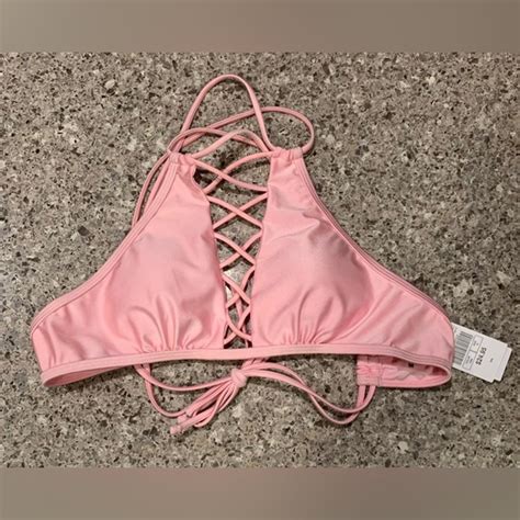 Zumiez Swim New With Tags Zumiez Damsel Shimmer Pink Lace Up High Neck Bikini Top Medium