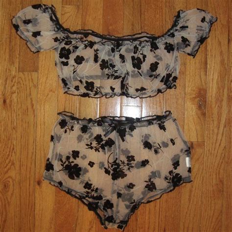 Black And White Floral Mesh Lingerie Set Size Depop