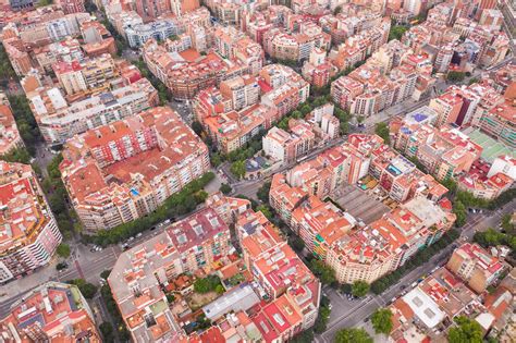 Aerial View Above Of Barcelona Square Blocks Residential Area Spain