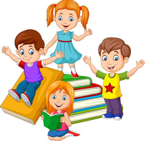 Happy school children with piles of books 5162109 Vector Art at Vecteezy