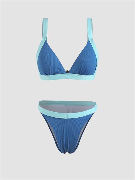 Contrast Trim Rib Triangle Bikini Set Cider