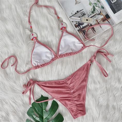 Custom Woman Swimwear Luxury Triangle Swimsuit Women Bikini Sets Shinny Fabric Swimsuit Alibaba