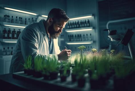 Premium AI Image Biologist Man Growing Plants In Laboratory