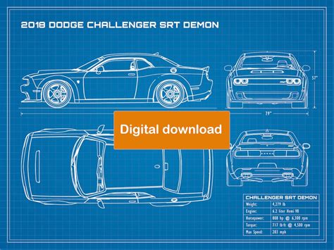 2018 Dodge Challenger Srt Demon Blueprint Poster 18x24 Jpeg Image File