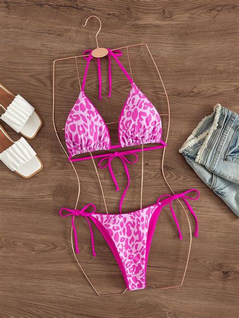 Damen Leoparden Muster Neckholder Gebundenes Sexy Bikini Set für Strandresorts im Sommer 2025