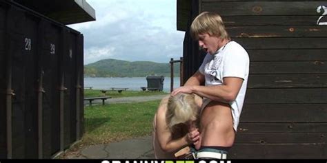 GRANNYBET Busty Blonde Grandma Rides Cock On Public Tnaflix