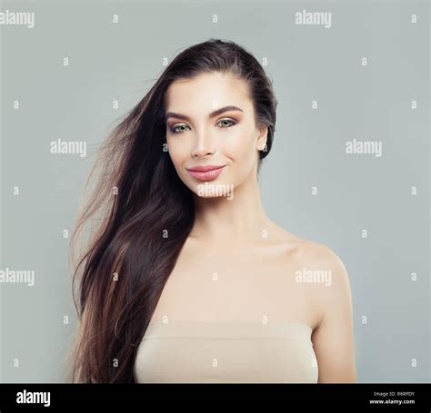 Cute Brunette Woman With Long Straight Hair Haircare Concept Stock Photo Alamy