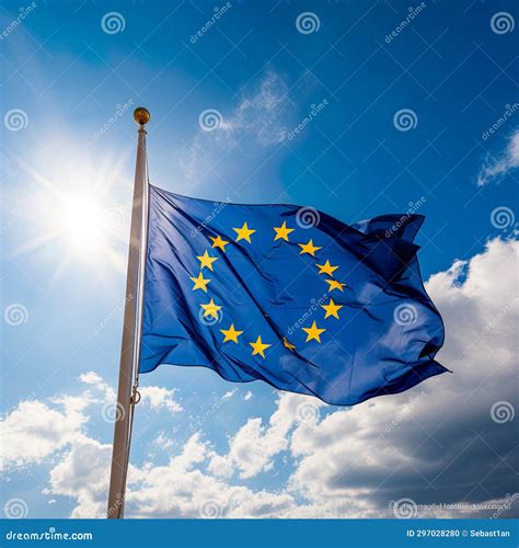 European EU Flag, Unfurled in All Its Glory on a Sunny Day Against the