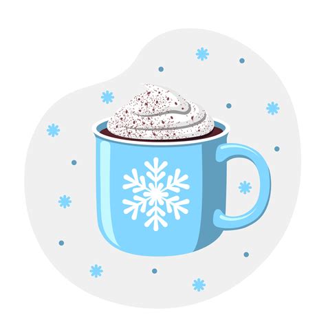 Blue Christmas Mug Of Hot Chocolate With Snowflake Ornament Flat Design Winter Season