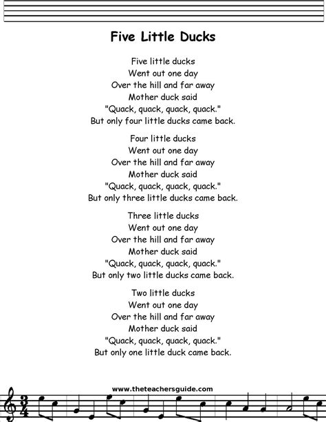 5 Little Ducks Printable Lyrics