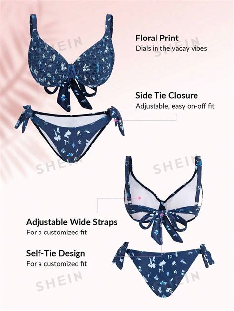 Shein Dd Summer Beach Floral Print Smocked Underwire Tie Side Bikini Set Shein Usa